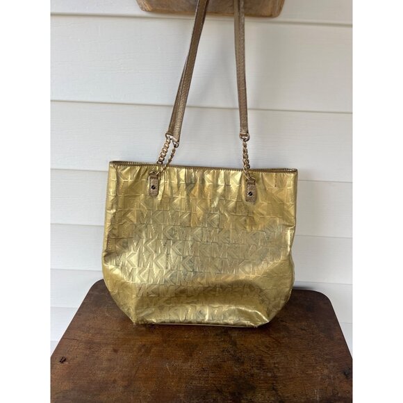Michael Kors Gold Metallic Logo Tote Bag With Chain Straps I3 - Picture 2 of 6